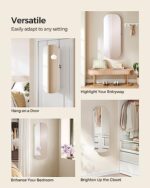 Jewelry Organizer, LED Jewelry Cabinet Wall or Door Mounted, Lockable Rounded Wide Mirror with Storage, Interior Mirror, 3.9 x 16.5 x 42.5 Inches, White Surface with Greige Lining