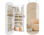 Jewelry Organizer, LED Jewelry Cabinet Wall or Door Mounted, Lockable Rounded Wide Mirror with Storage, Interior Mirror, 3.9 x 16.5 x 42.5 Inches, White Surface with Greige Lining