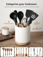 LoeJan 3 Compartment Utensil Holder, Extra Large Utensil Crock, Stable Ceramic Utensil Organizer, Cooking Tool Organizer Set for Kitchen Counter Farmhouse Decor (A-White(Vertical Stripe))