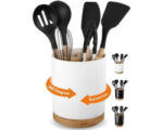 LoeJan 3 Compartment Utensil Holder, Extra Large Utensil Crock, Stable Ceramic Utensil Organizer, Cooking Tool Organizer Set for Kitchen Counter Farmhouse Decor (A-White(Vertical Stripe))