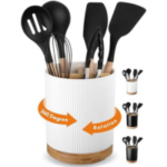 LoeJan 3 Compartment Utensil Holder, Extra Large Utensil Crock, Stable Ceramic Utensil Organizer, Cooking Tool Organizer Set for Kitchen Counter Farmhouse Decor (A-White(Vertical Stripe))